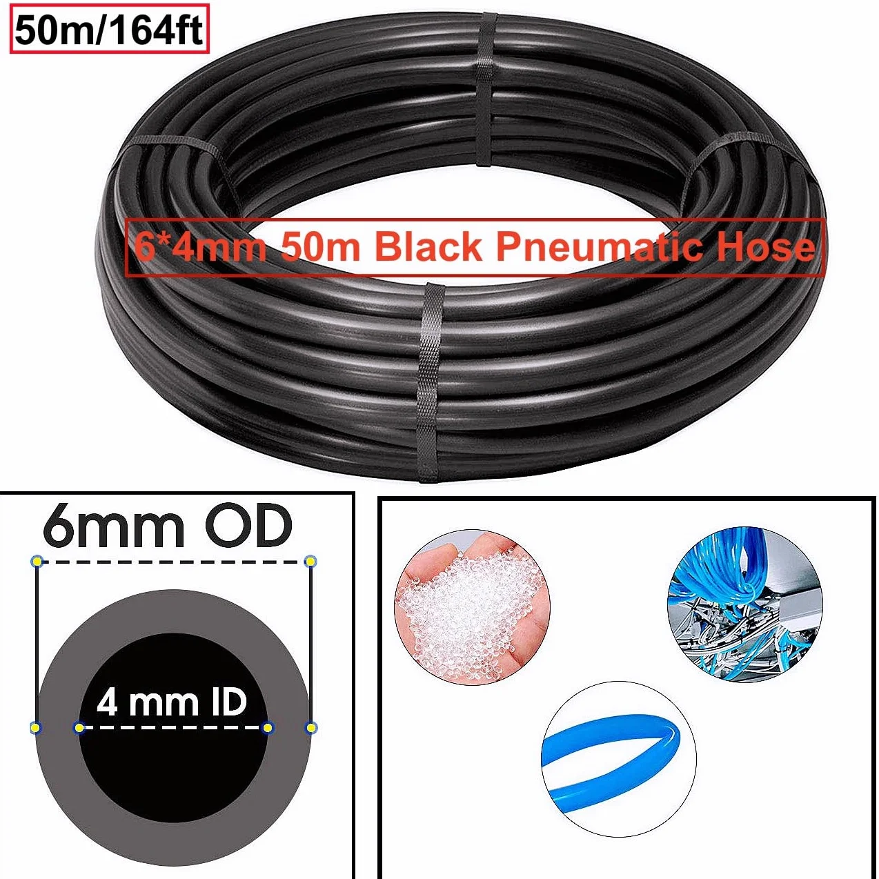 Tubo pneumatico in PU nero HUAZIZ 50 M, tubo pneumatico in poliuretano, tubo flessibile per aria compressa, esterno 6 mm x interno 4 mm + 1 pezzo di tagliatubi blu +1 pezzo di nastro in teflon rosa