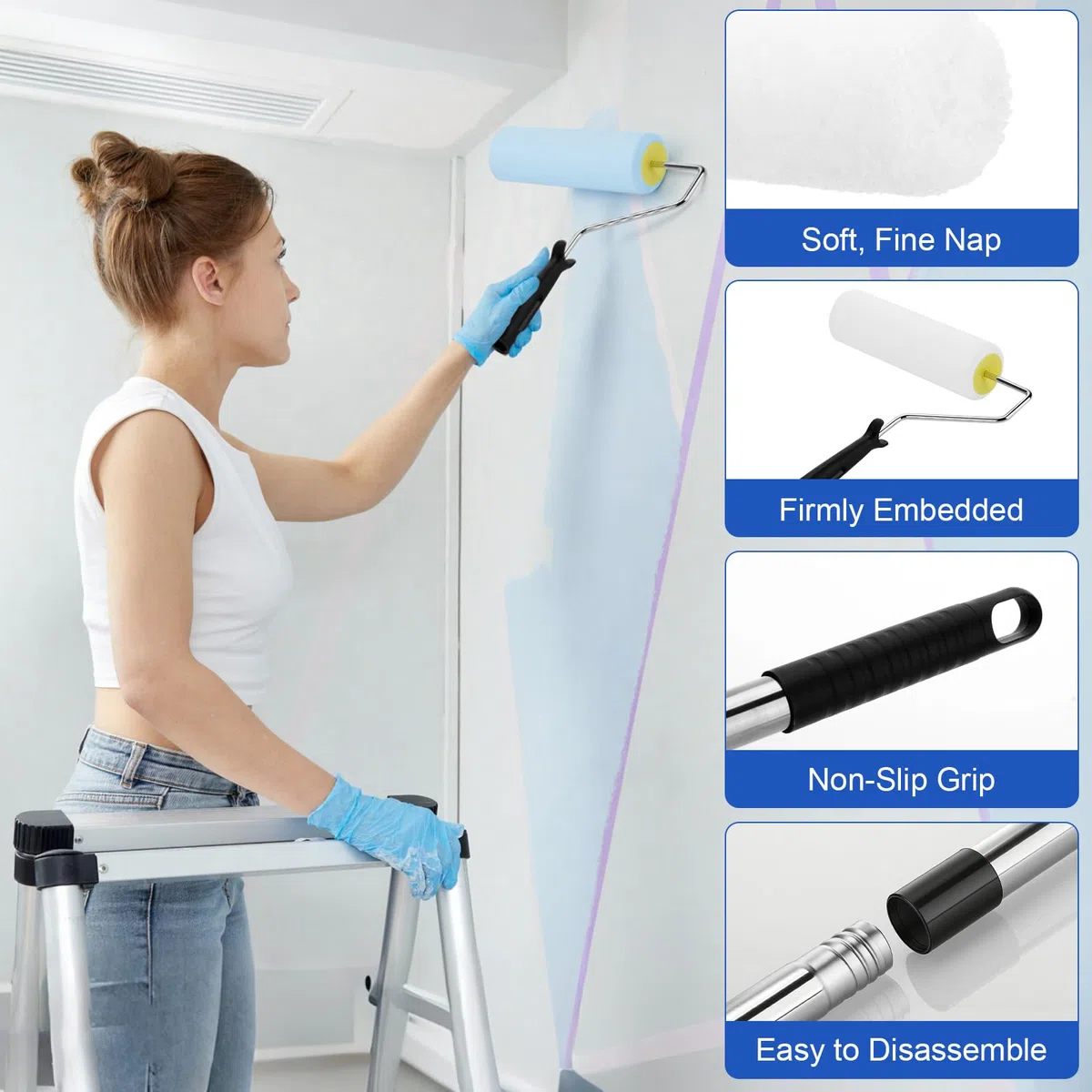 Rullo per Pittura da 23 cm con Asta di Estensione, Roller Paint Portatile con Impugnatura Antiscivolo e Grande Carico Vernice, Rullo in Microfibra Professionale per Pittura, Pareti, Soffitti
