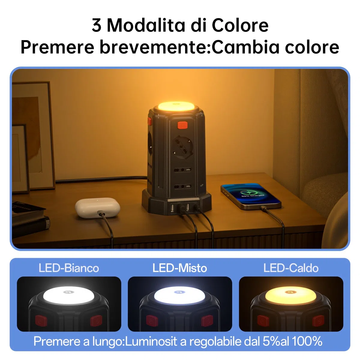 2 M Ciabatta Elettrica Multipresa con Luce Notturna 12 Prese Universali 10/16A ITA e Schuko e 3 USB A+1 USB C Protezione Sovratensione con 4 Interruttori Indipendenti per L'ufficio, La casa