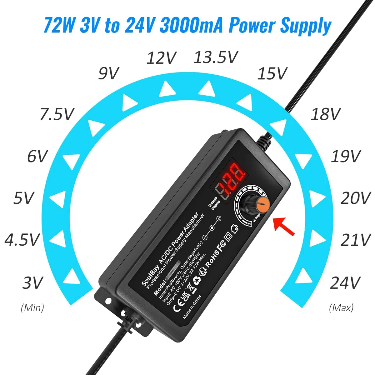 SoulBay Alimentatore Universale, 3-24V 72W Caricabatterie Universale AC/DC con 14 punte CC cavo di Inversione Polarity Converter per Elettronica Domestica CCTV Striscia LED - 3000mA max.