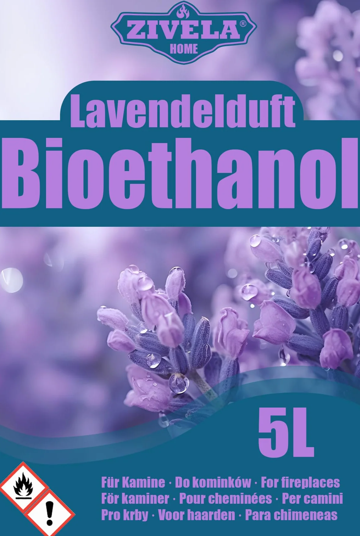 Bioetanolo 96,6% 5 l, profumo di lavanda di alcool biologico 96,6% 5 l, bioetanolo per camino, caminetto, camino a bioetanolo, profumo di lavanda, combustione pulita, senza fumo, fiamma vivida e