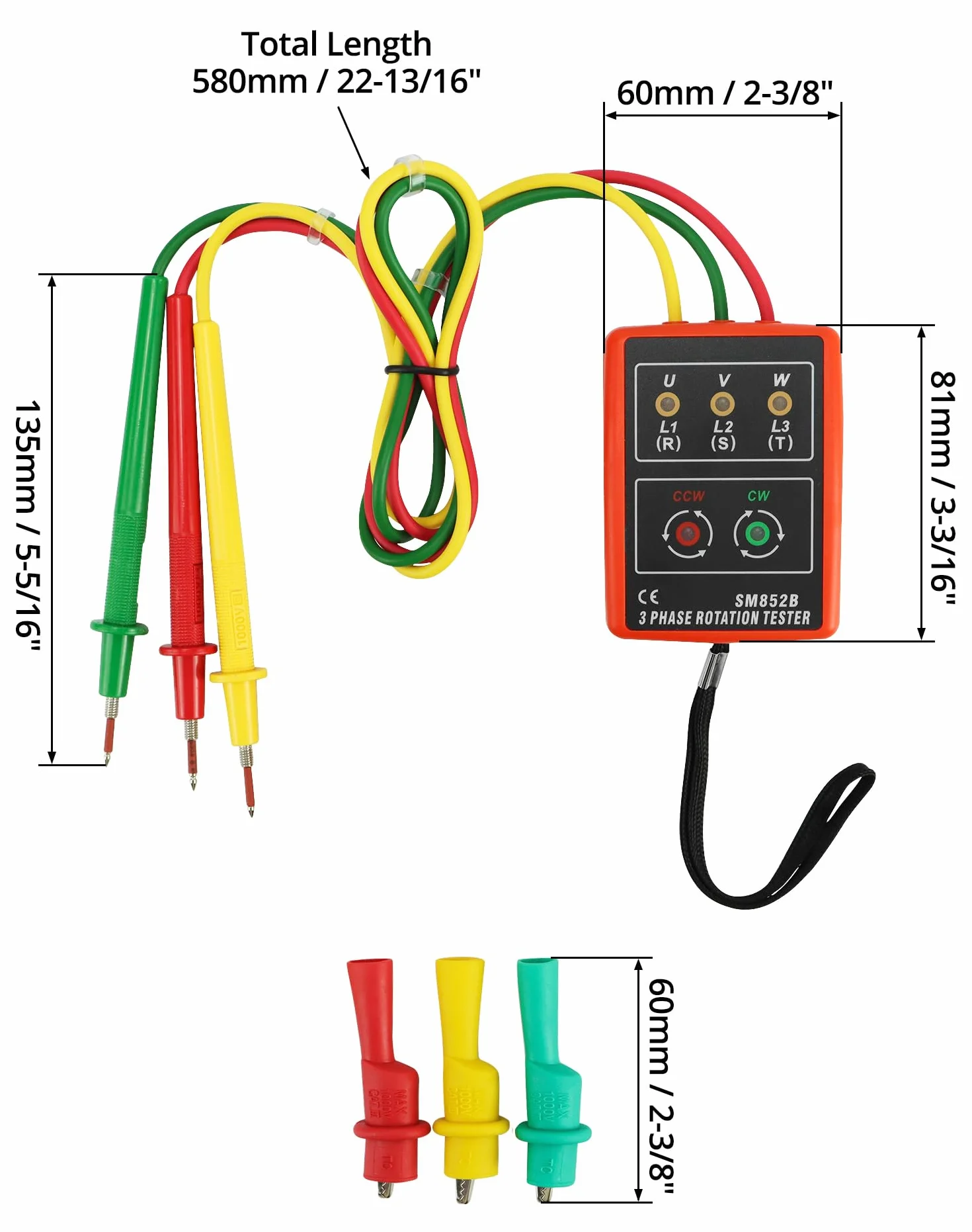 QWORK Tester di fase, misuratore di campo girevole per 3 fasi, 60 V ~ 600 V AC, 20 – 400 Hz, con tester estivo e morsetti a coccodrillo