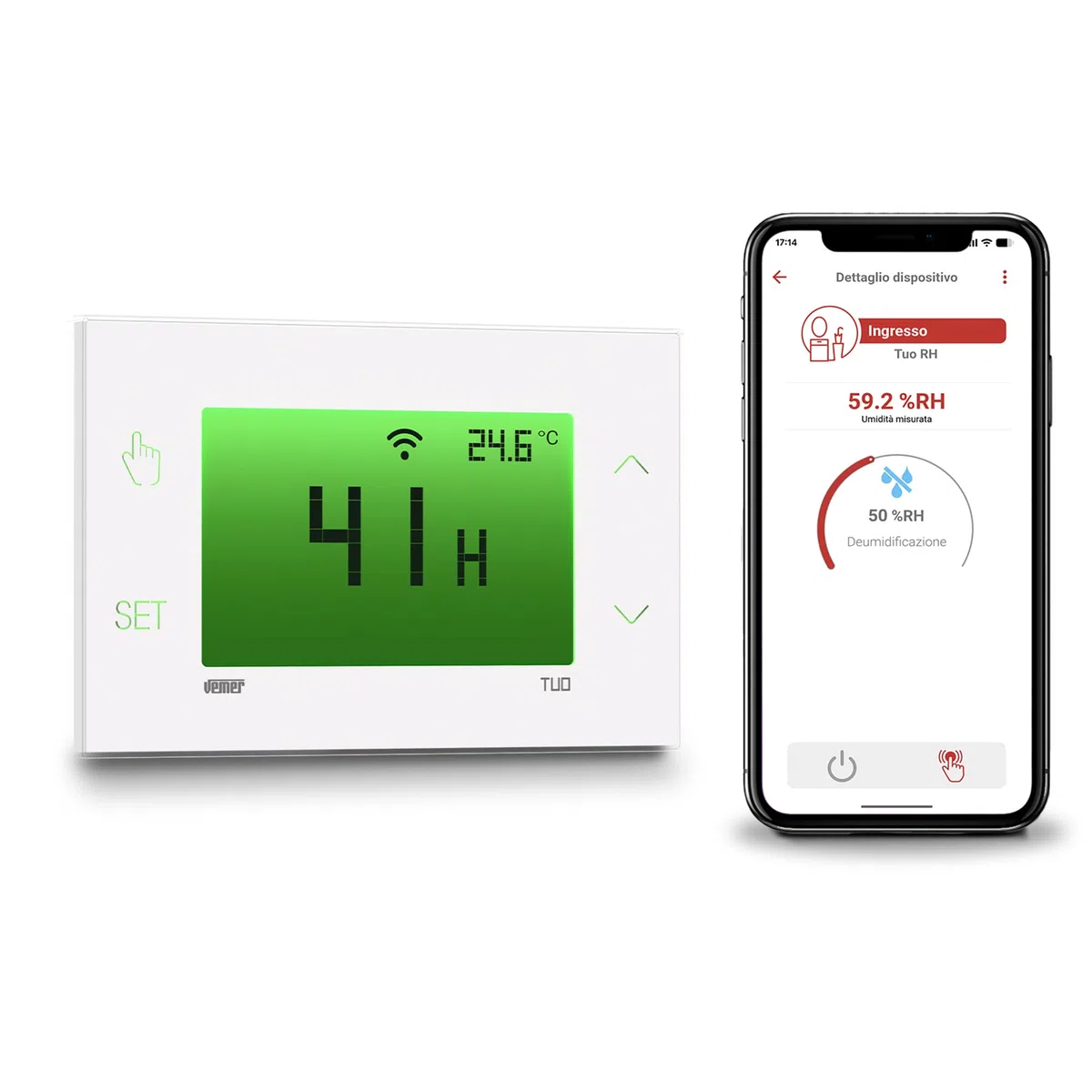 VEMER VE797700 TUO RH WI-FI - Umidostato WiFi Touch Screen da Parete, Igrostato Digitale con App, Configurazione Veloce tramite Bluetooth, Alimentazione 230V, Bianco