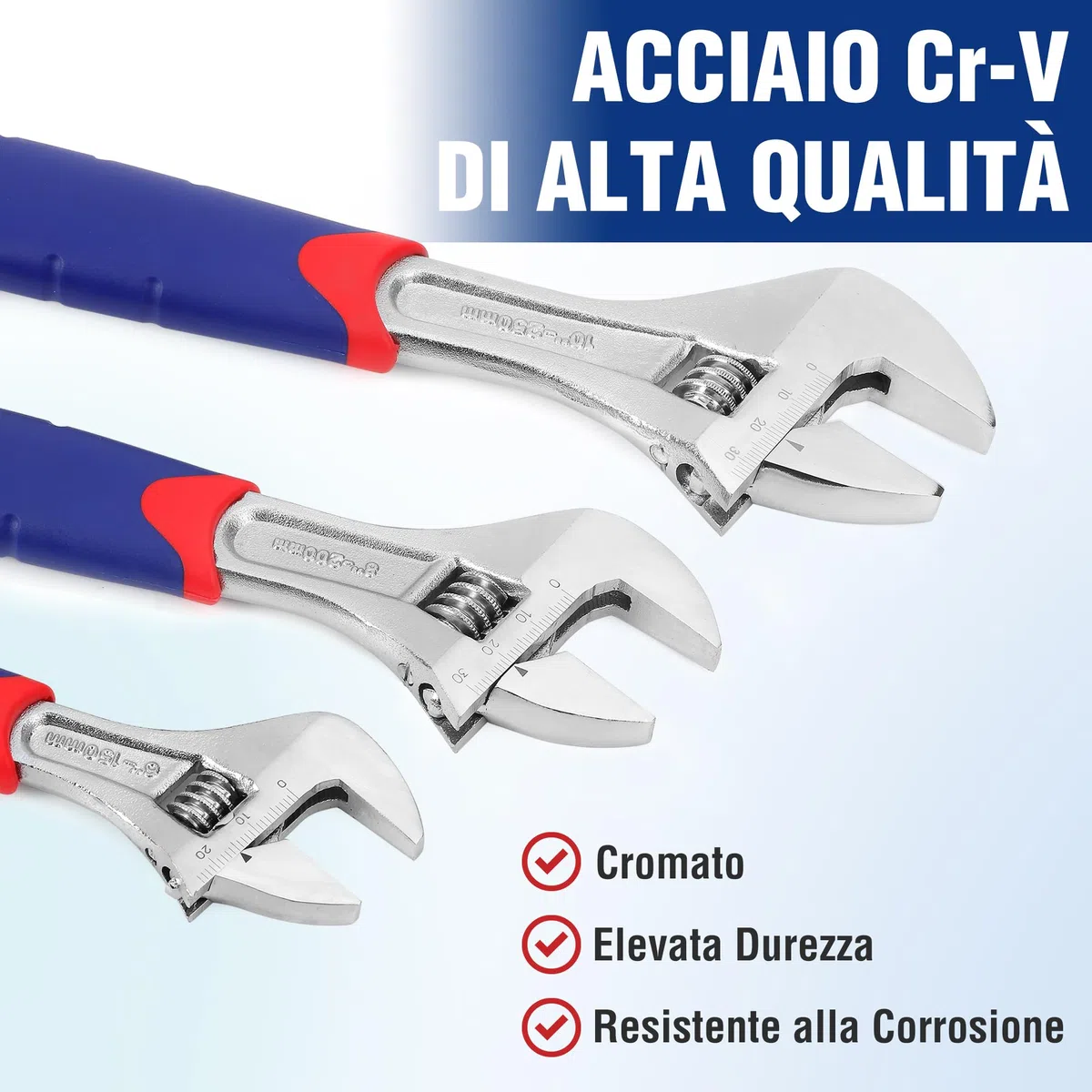 WORKPRO Set di Chiavi Regolabili 3 Pezzi, Chiave a Rullino 150, 200, 250mm, Chiave Inglese Regolabile a Bocca Larga 19, 24, 28mm, con Impugnatura in Gomma