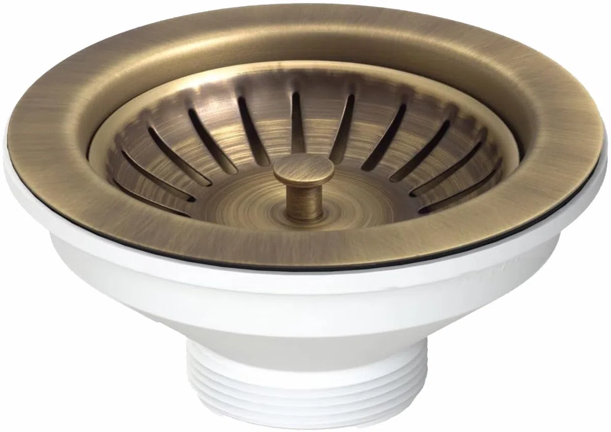 Piletta pilettone di scarico tipo basket vecchio ottone per lavello lavabo senza troppo pieno, con attacco da 1"1/2 e Foro da Ø 90mm, Pilettone Ø 114mm, piletta standard con vite e cestello