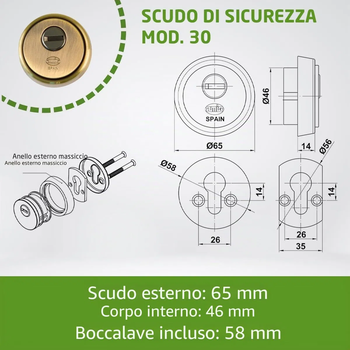 Amig - Defender per cilindro Mod. 31 - Ottone - Effetto cuoio - Anello esterno cavo - Ø65 mm - Con piastra antitrapano - Con viti e supporto - Cilindro Europrofilo EN1303 - Corpo acciaio sinterizzato