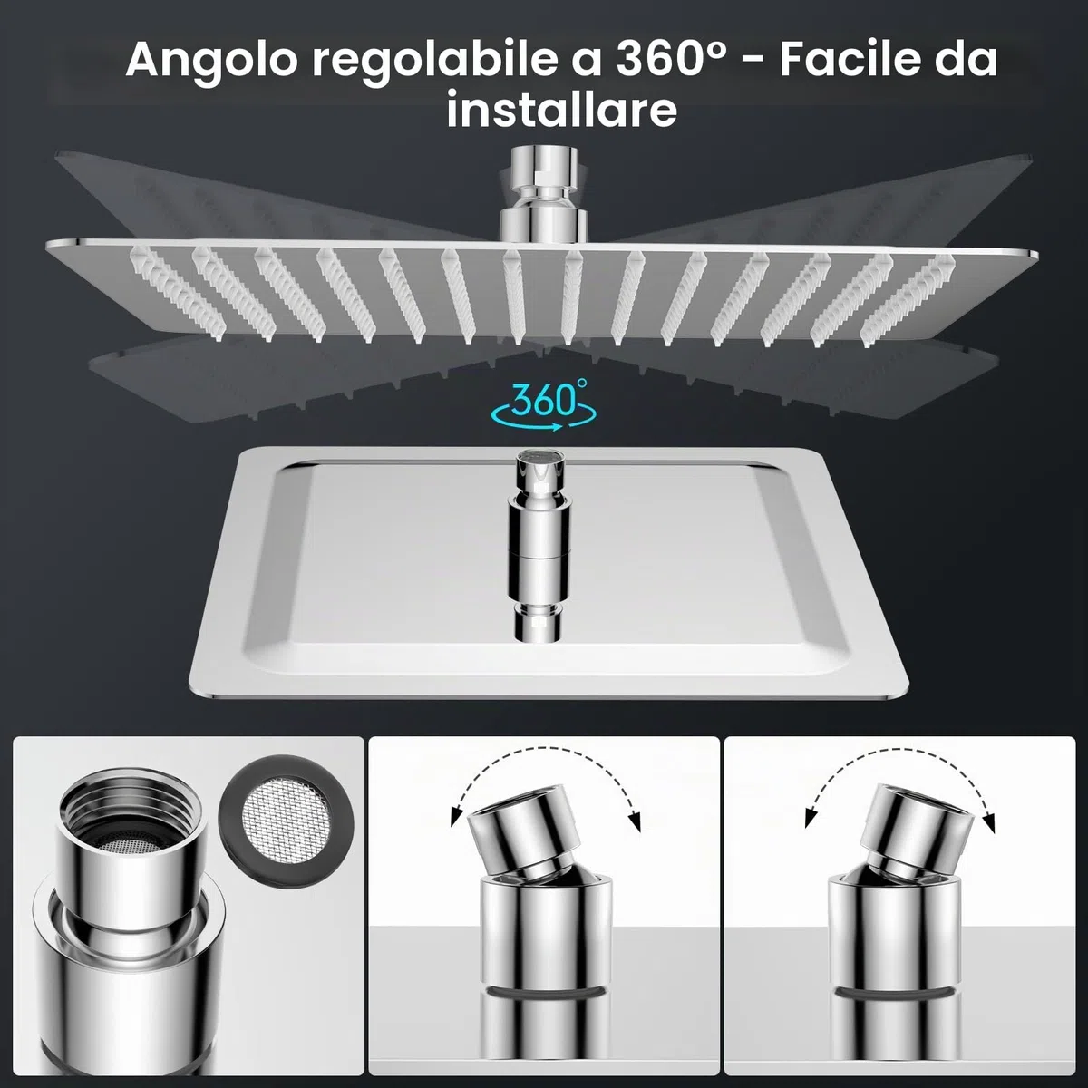 YEAUPE PRO Doccia a pioggia 12 pollici - Soffione doccia angolare in acciaio inox 304 ad alta pressione con ugelli autopulenti, montaggio a soffitto, cromato (30 x 30 cm)