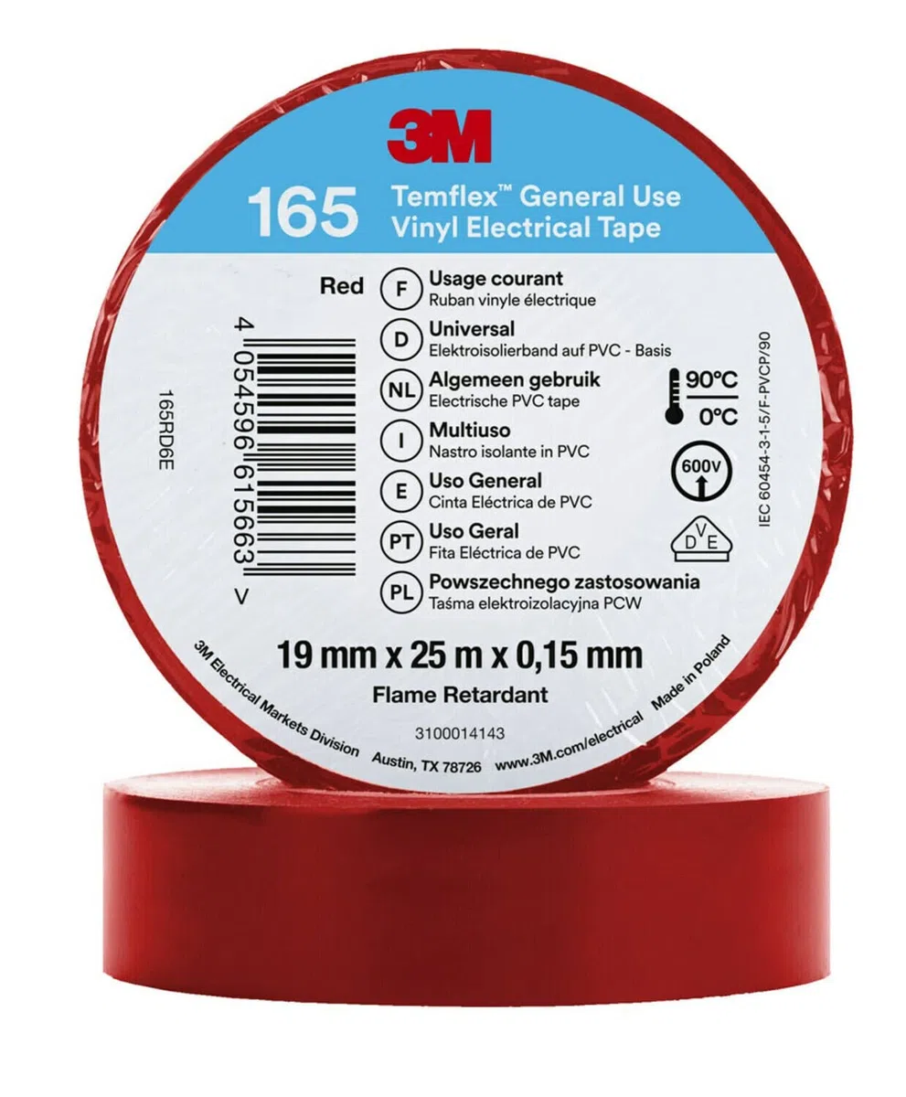 3M Temflex Nastro elettrico in vinile 165, rosso, 19 mm x 25 m, confezione da 10 rotoli