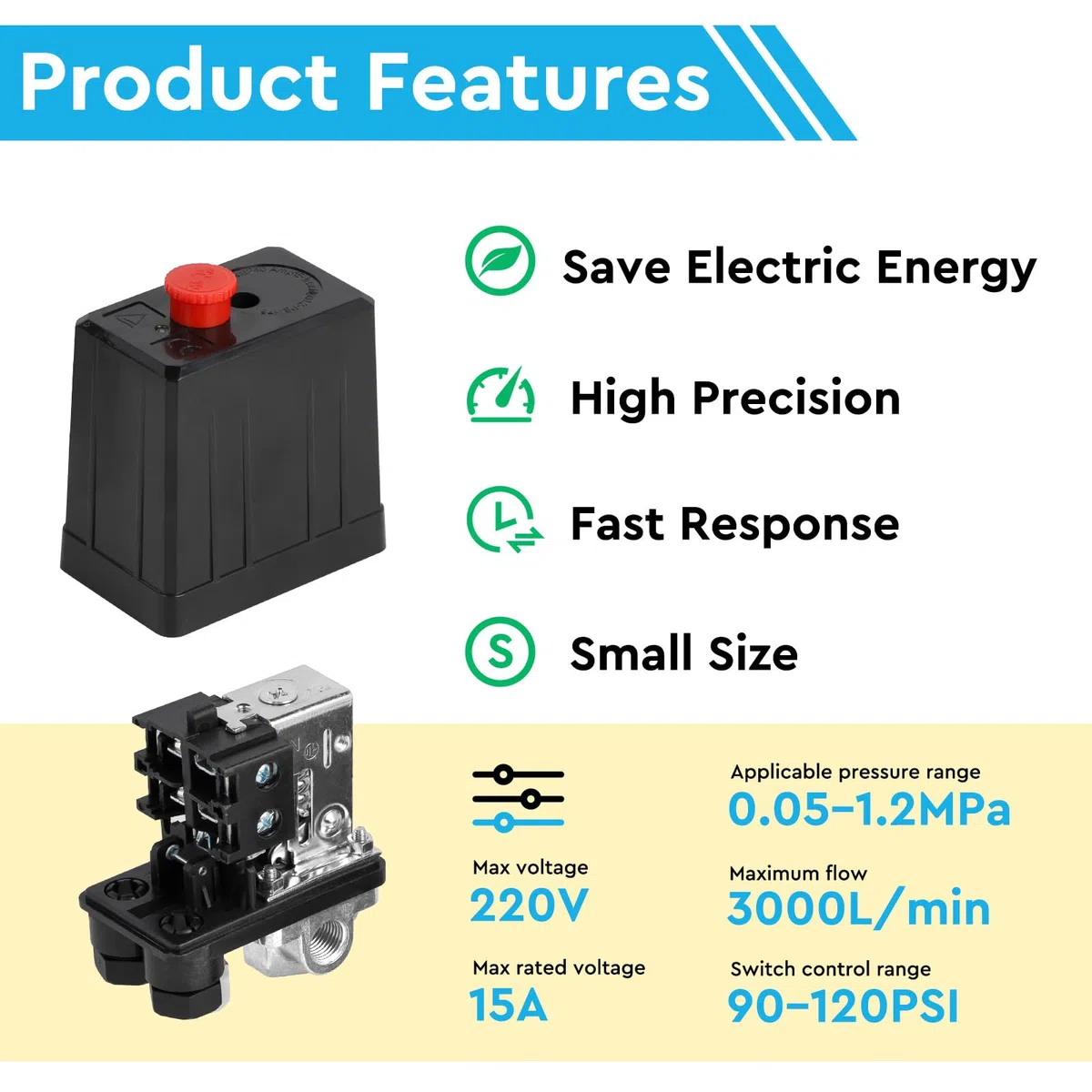 SWAWIS 220V Pressostato Compressore Aria 4 Fori Regolatore di Pressione per Compressore con Manometro Accoppiamenti Valvola di Sicurezza, 90-120PSI Ricambi Compressore Aria