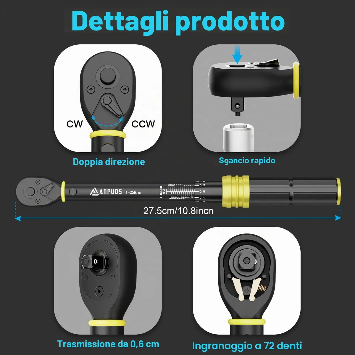 ANPUDS Chiave Dinamometrica 1/4”, 1-25Nm Bici e Moto Chiave Dinamometrica Set, 0.1nm Micro Adjustments, Precisione ± 3%, 72 Denti Chiavi Dinamometriche per Bici da Strada e Mountain, Moto