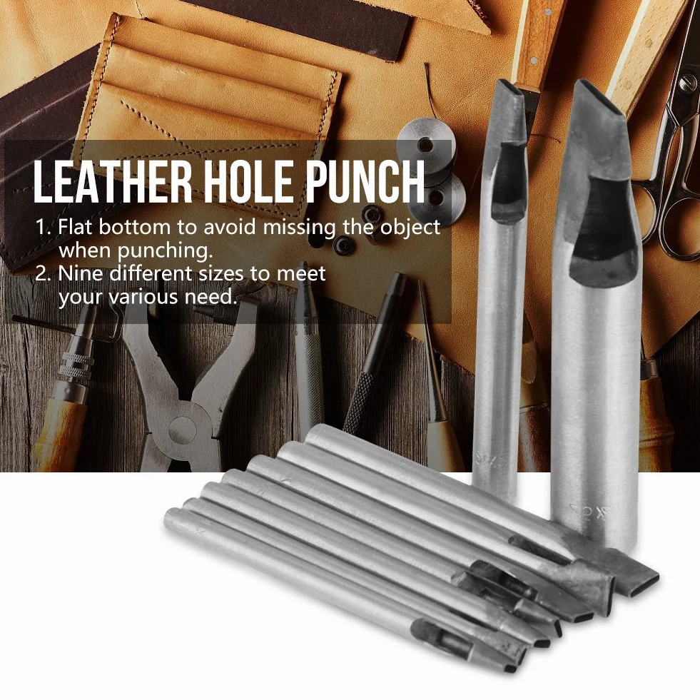 2mm 9pcs Punzone per Fori in Pelle, Cuoio Ovale Forma Foro Punch Kit Cutter Hollow DIY Tool