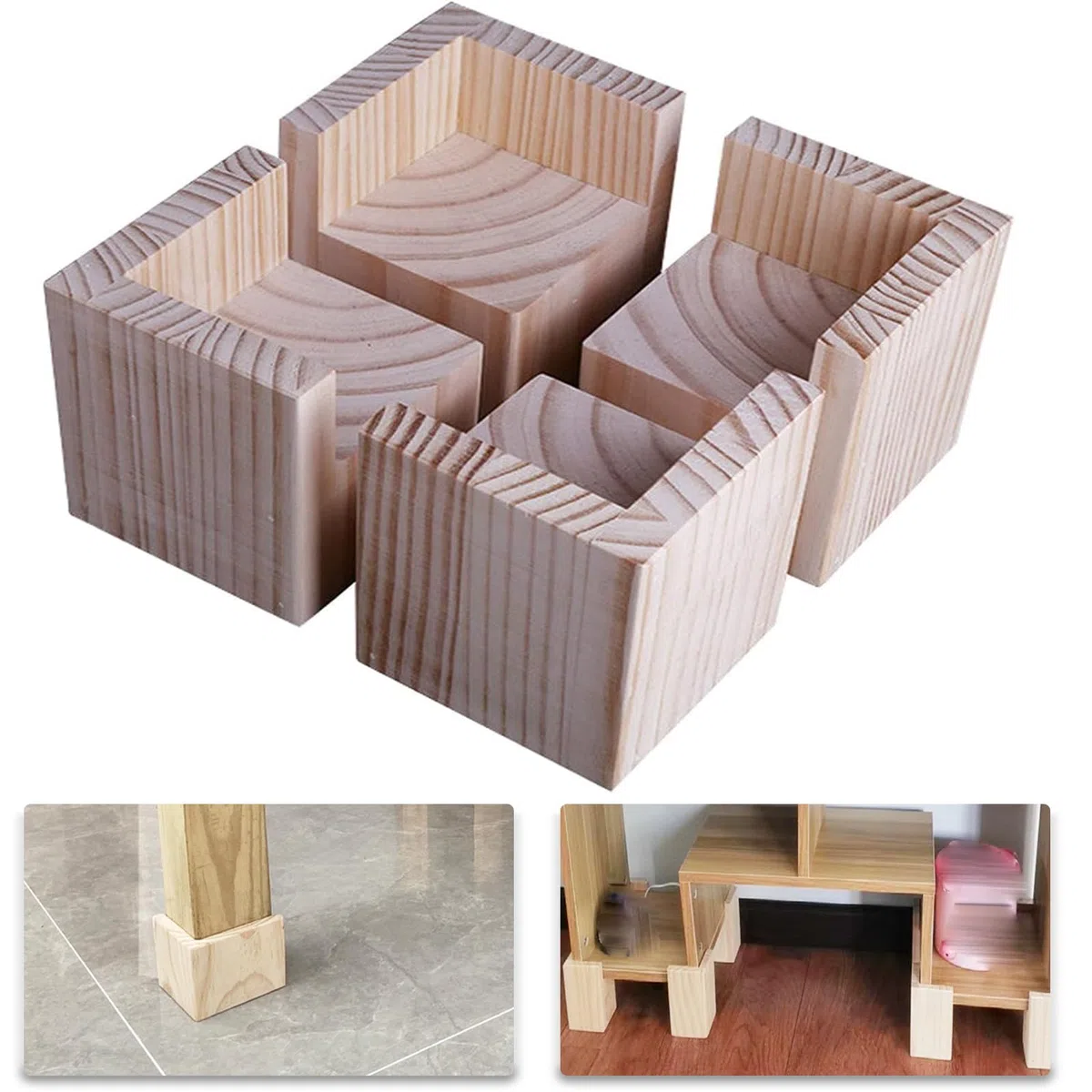 4 Pezzi Riser Letto, Sollevatore di Mobili Legno Massello Rialzi Regolabili, per Tavolo o Rialzi per Mobili, Proteggi Pavimenti e superfici