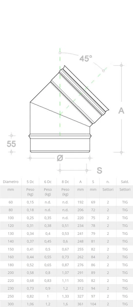 Curva 45 Gradi Inox AISI 304 Canna Fumaria 200 MM