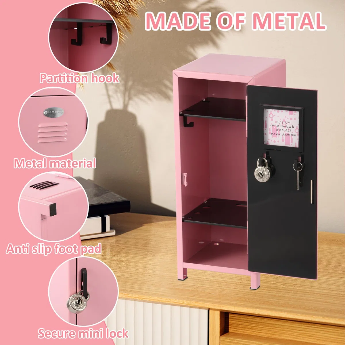 Mini armadio con serratura e chiave, in metallo arrugginito, piccolo armadio portatile, pratico armadio di stoccaggio, con scomparti per scrivania, ragazze, ragazzi (rosa)