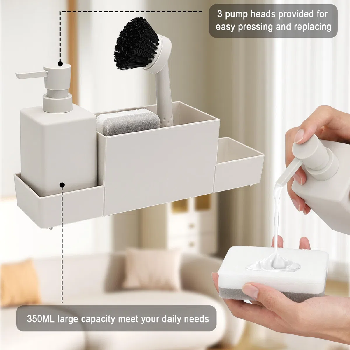 CAUTIOUS Organizer per lavello da cucina da 350 ml, con spazzola, dispenser per sapone da cucina, set in plastica, organizer per piatti con due dispenser di sapone, organizer da cucina (bianco)