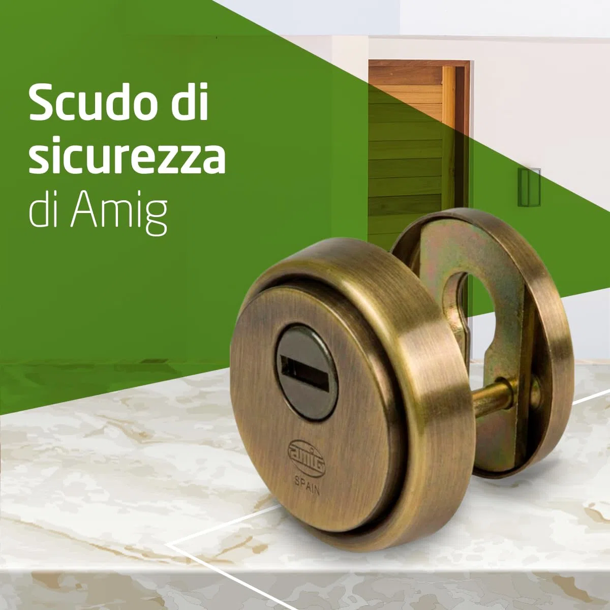 Amig - Defender per cilindro Mod. 31 - Ottone - Effetto cuoio - Anello esterno cavo - Ø65 mm - Con piastra antitrapano - Con viti e supporto - Cilindro Europrofilo EN1303 - Corpo acciaio sinterizzato