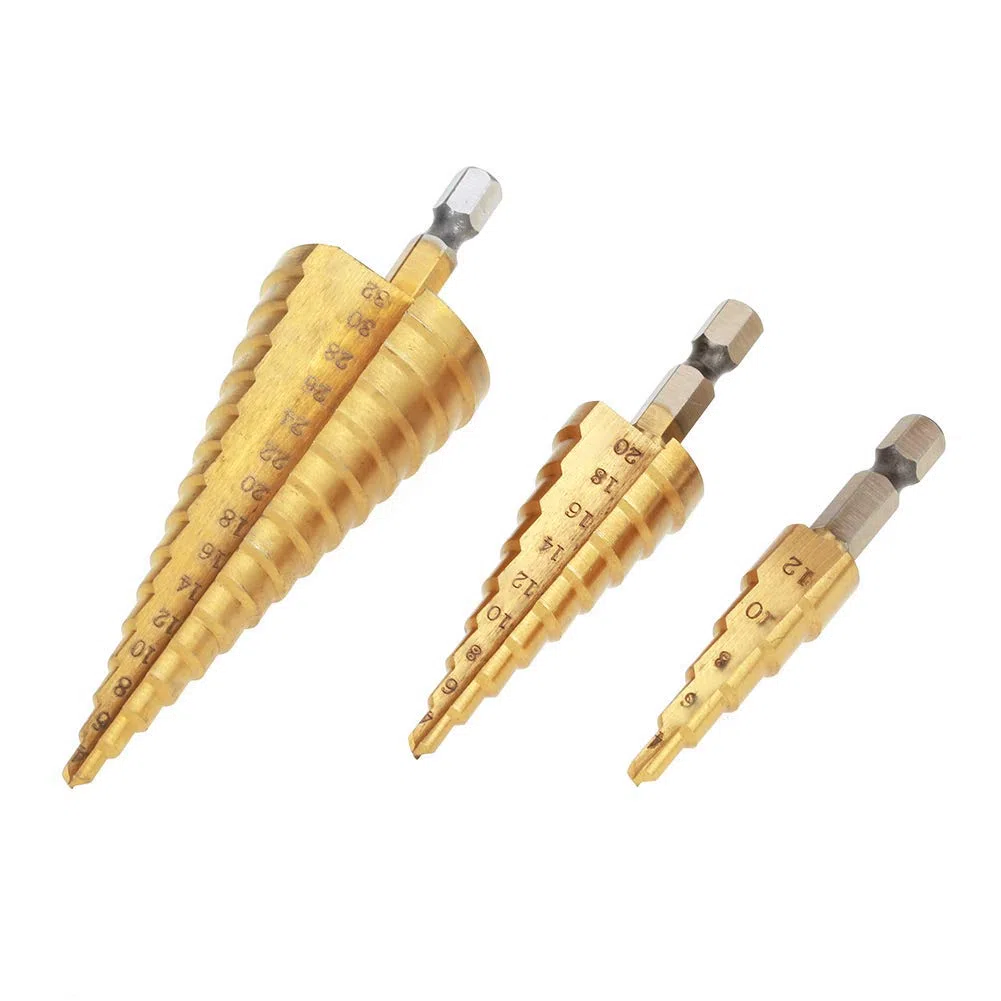 3 Pezzi Punte Coniche, Punte per Trapano a Gradini in Metallo HSS, Fresa Conica Trapano a Gradini per Plastica, Legno, Alluminio, Lamiera di Metallo, 4-12/4-20/4-32mm