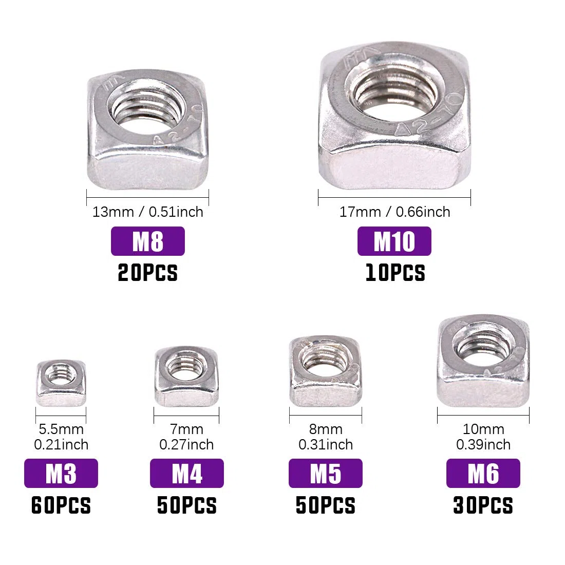 Swpeet - Dadi quadrati metrici in acciaio inox M3 304, filettatura metrica, filettatura grossolana, M3 M4, M5 M6 M8 M10, Square-4, Assortment Kit-220P