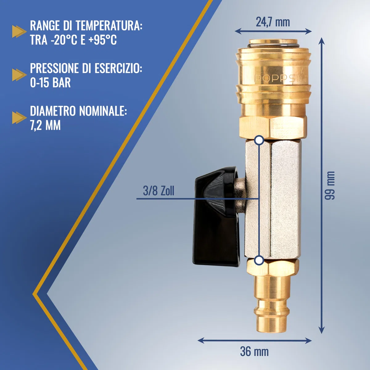 Poppstar Valvola di intercettazione ad aria compressa da 3/8 di pollice (rubinetto a sfera) con attacco rapido Euro NW 7.2 e beccuccio, fino a 15 bar, in ottone