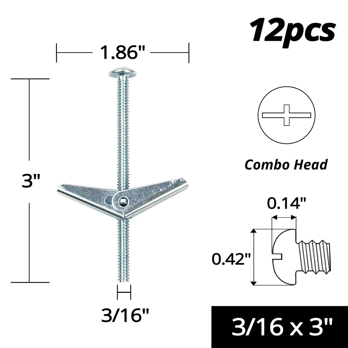 HASWARE Bullone a levetta in acciaio zincato e dado ad alette per appendere oggetti pesanti al muro a secco (3/16" x 3", 12 pz.)
