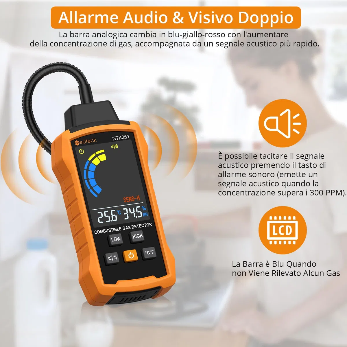 Neoteck Rivelatore di Gas Naturale con Collo d'oca da 12” Rivelatore di Gas Combustibile con Allarme Acustico e Visivo Test Metano Propano Benzina CO Gas Naturale per Gasdotto Stufa a Gas e RV