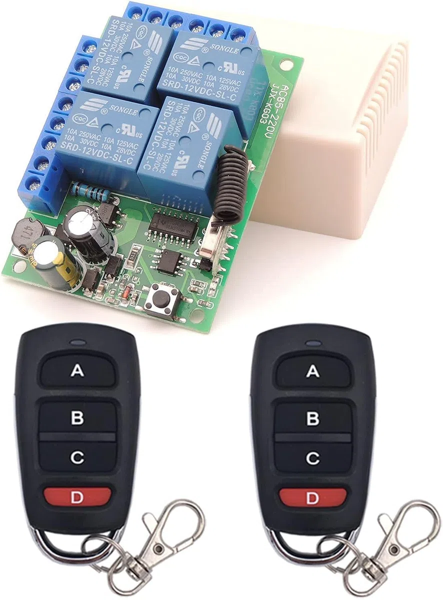 DieseRC Telecomando universale senza fili AC 220V 10A Scheda ricevitore relè RF a 4 canali con 2 trasmettitori per motore porta del garage luce tenda elettrica
