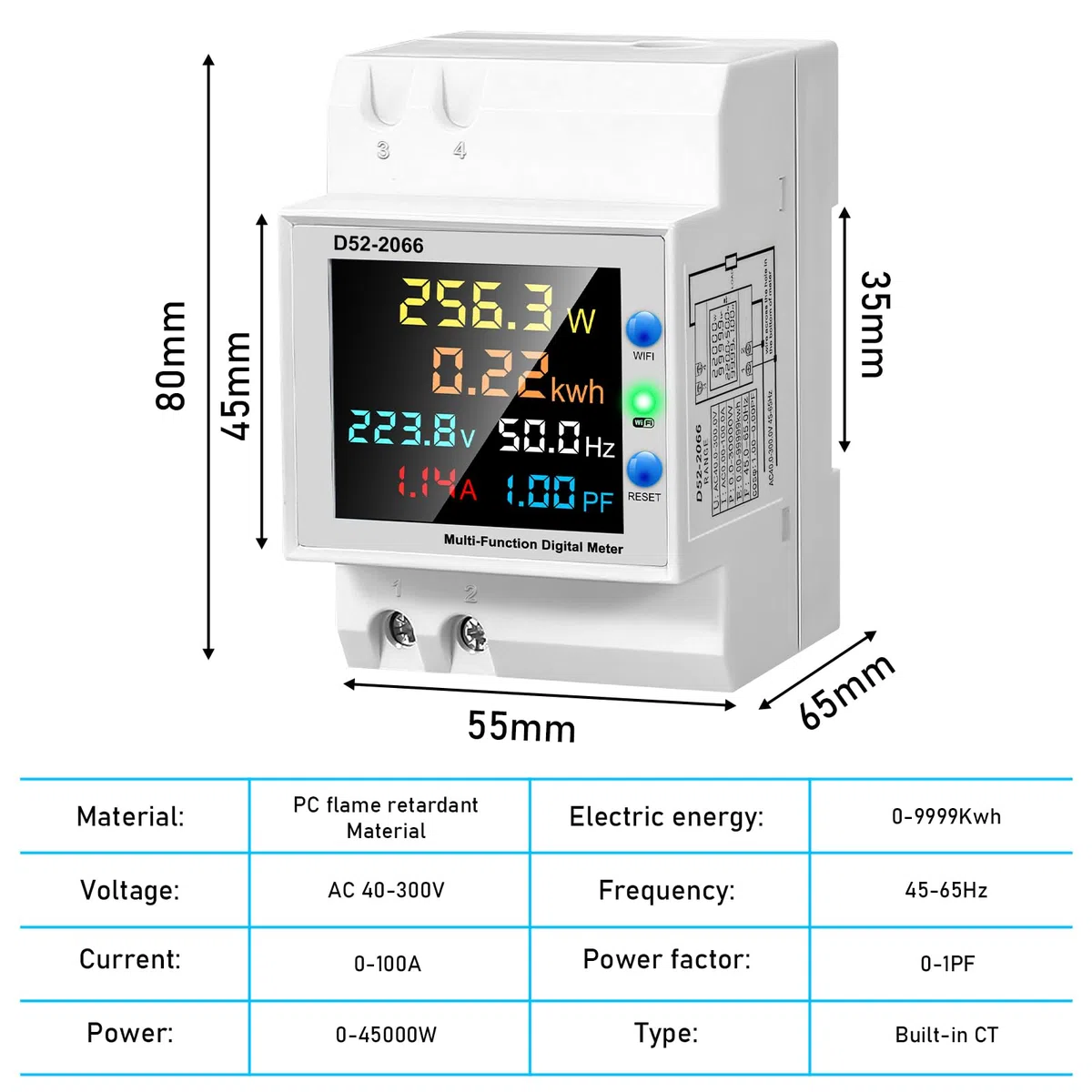 WiFi Contatore Energia Elettrica Monofase, 6 in 1 Multifunzione Misuratore Contatore AC 40-300V 100A Elettrico Amperometro Voltmetro DIN Misuratore di Elettricità con Display LCD