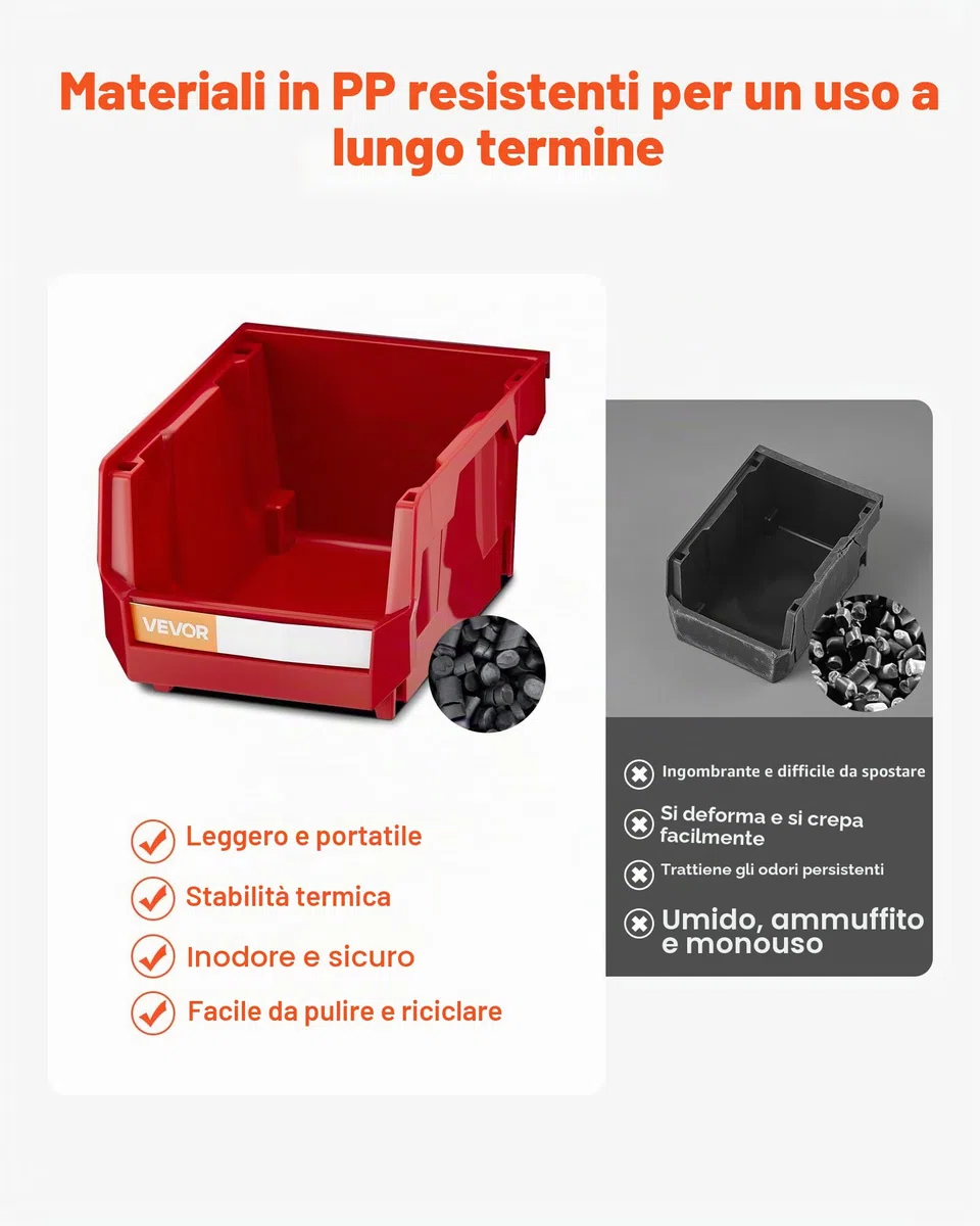 VEVOR Contenitori Portaoggetti da Parete, 12 Contenitori in Plastica e 3 Guide in Metallo, Scatola Portaoggetti Impilabile Sospeso per Ferramenta per Officina, Stanza dei Lavori Manuali, Rosso