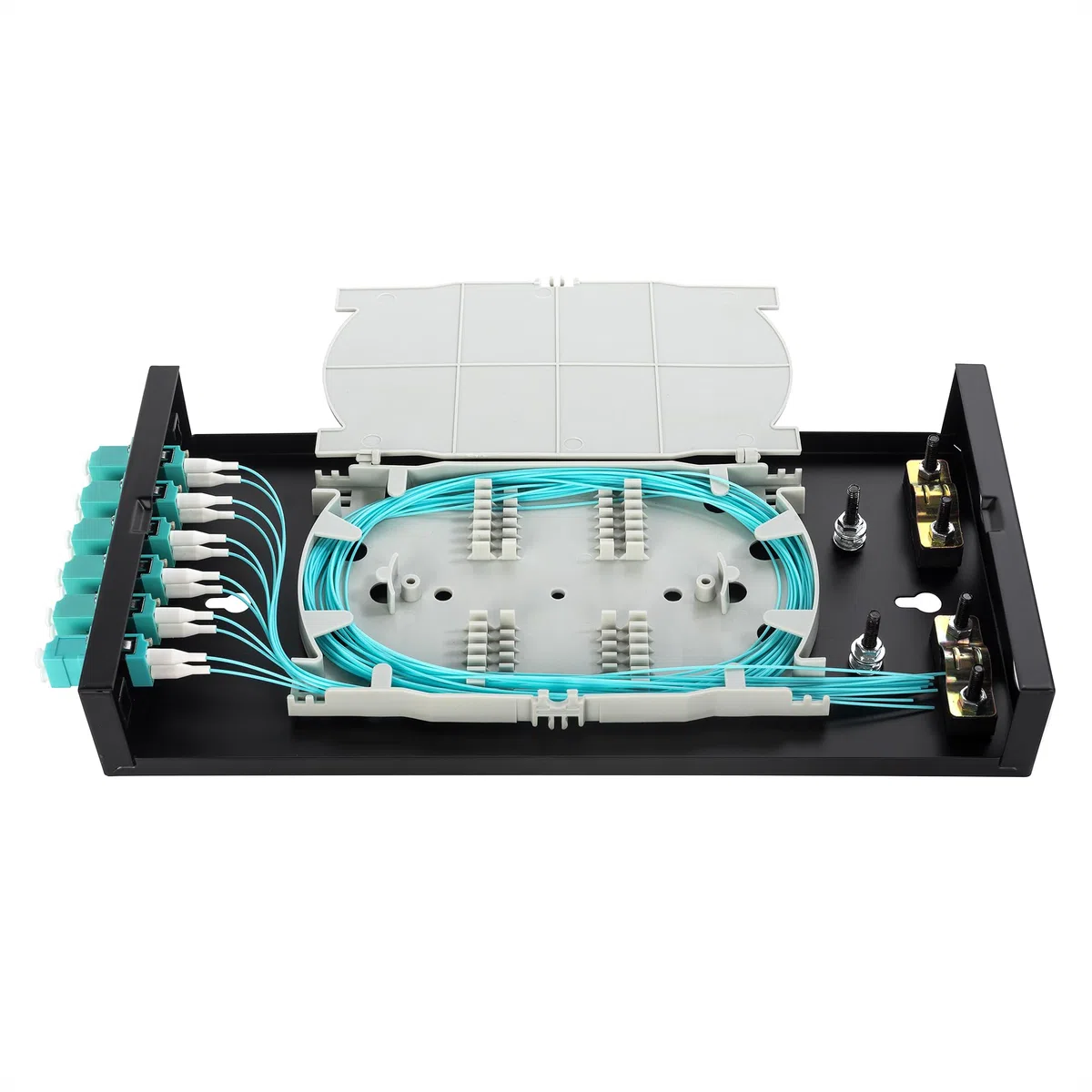 Terminazione in fibra ottica LC Duplex Box Cables 6 Port Wall Mount Fiber Enclosure with Spool (Includes a 1Meter 12 Strand LC Pigtail and 6 Port Panel (LC OM3)