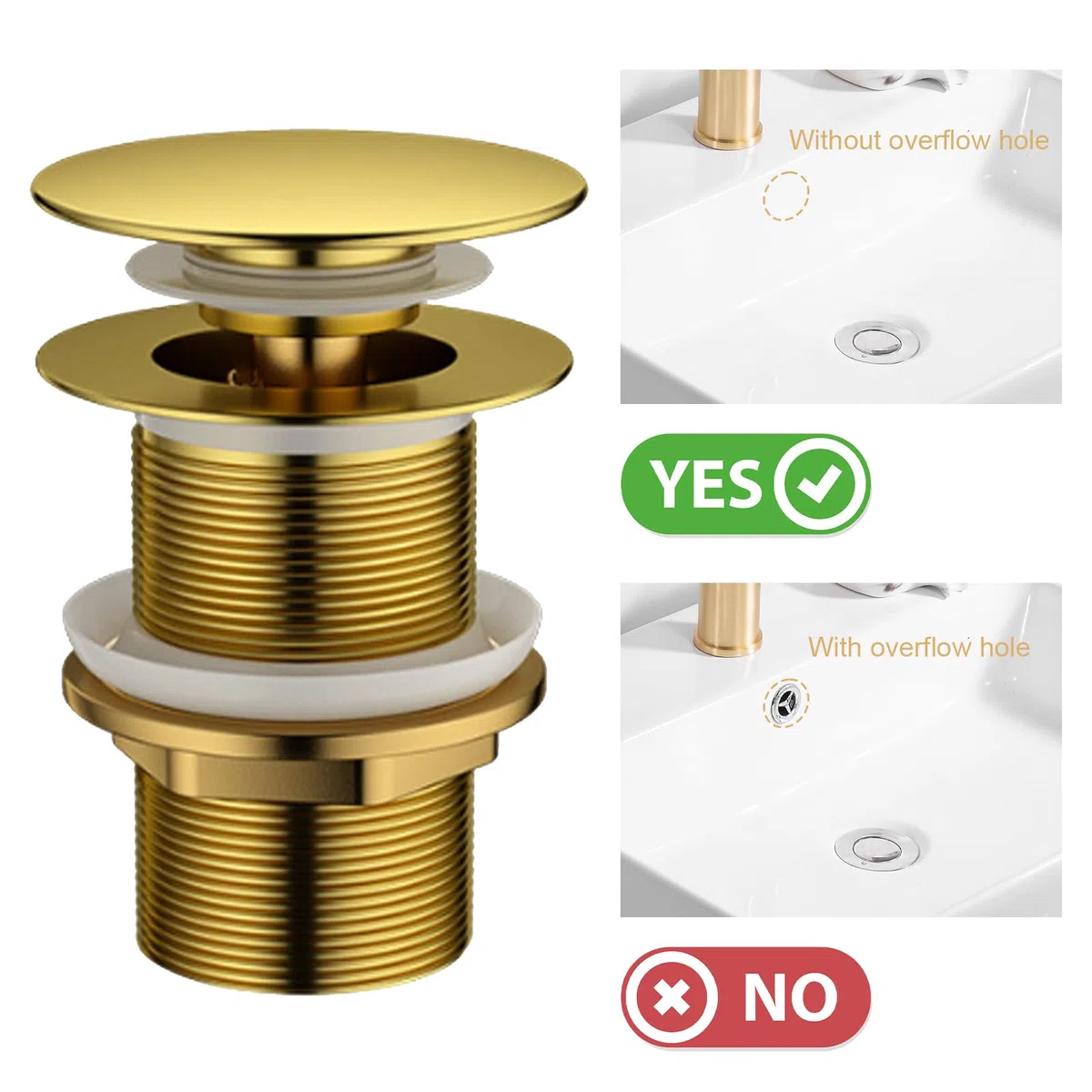 Piletta Click Clack per Lavabo Senza Troppo Pieno, Sifone Pop Up con Filtro Antiotruzione, Finitura Ottone Antico Dorato, Universale per Lavabo e Bidet, Misura Filetto G1 1/4 Pollice