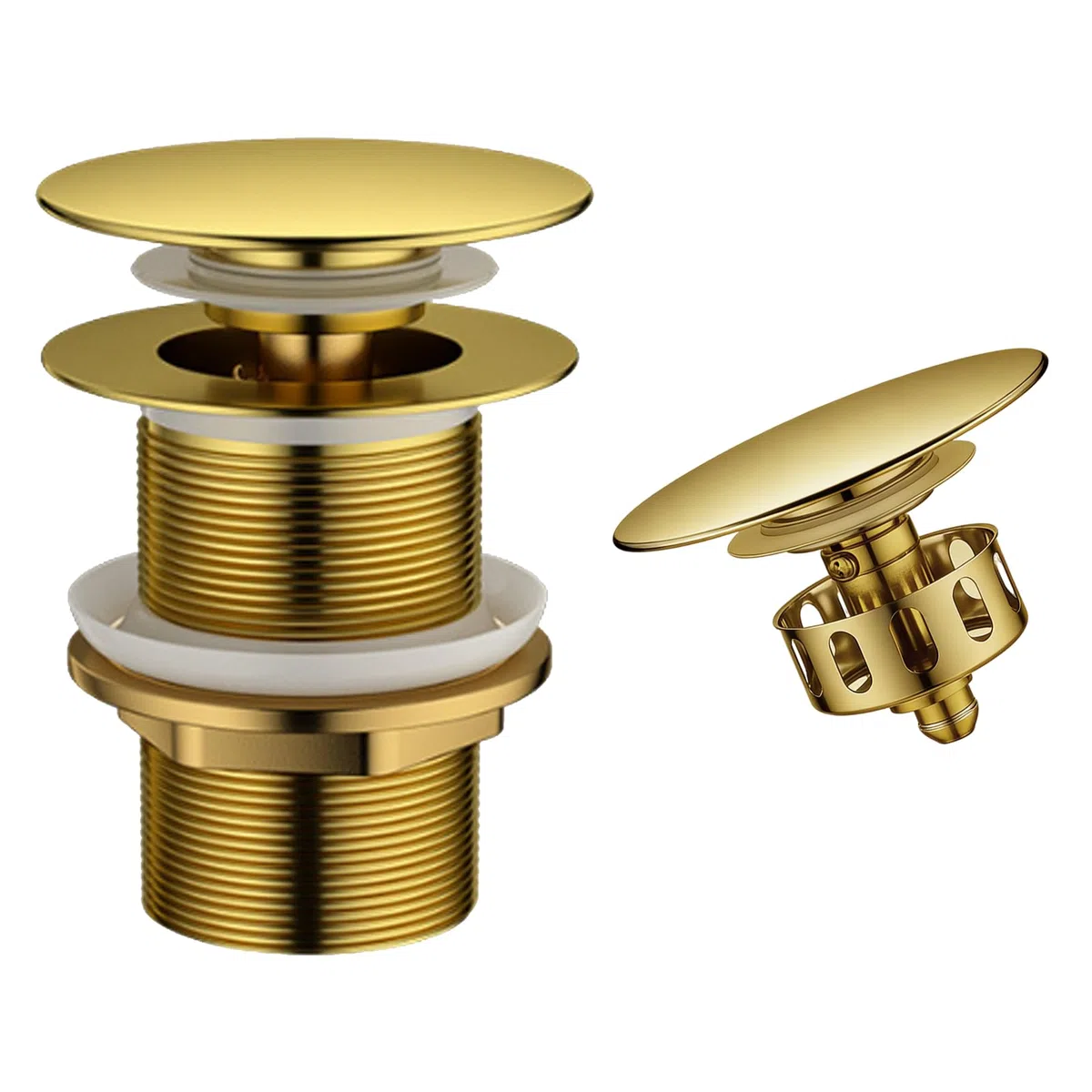 Piletta Click Clack per Lavabo Senza Troppo Pieno, Sifone Pop Up con Filtro Antiotruzione, Finitura Ottone Antico Dorato, Universale per Lavabo e Bidet, Misura Filetto G1 1/4 Pollice