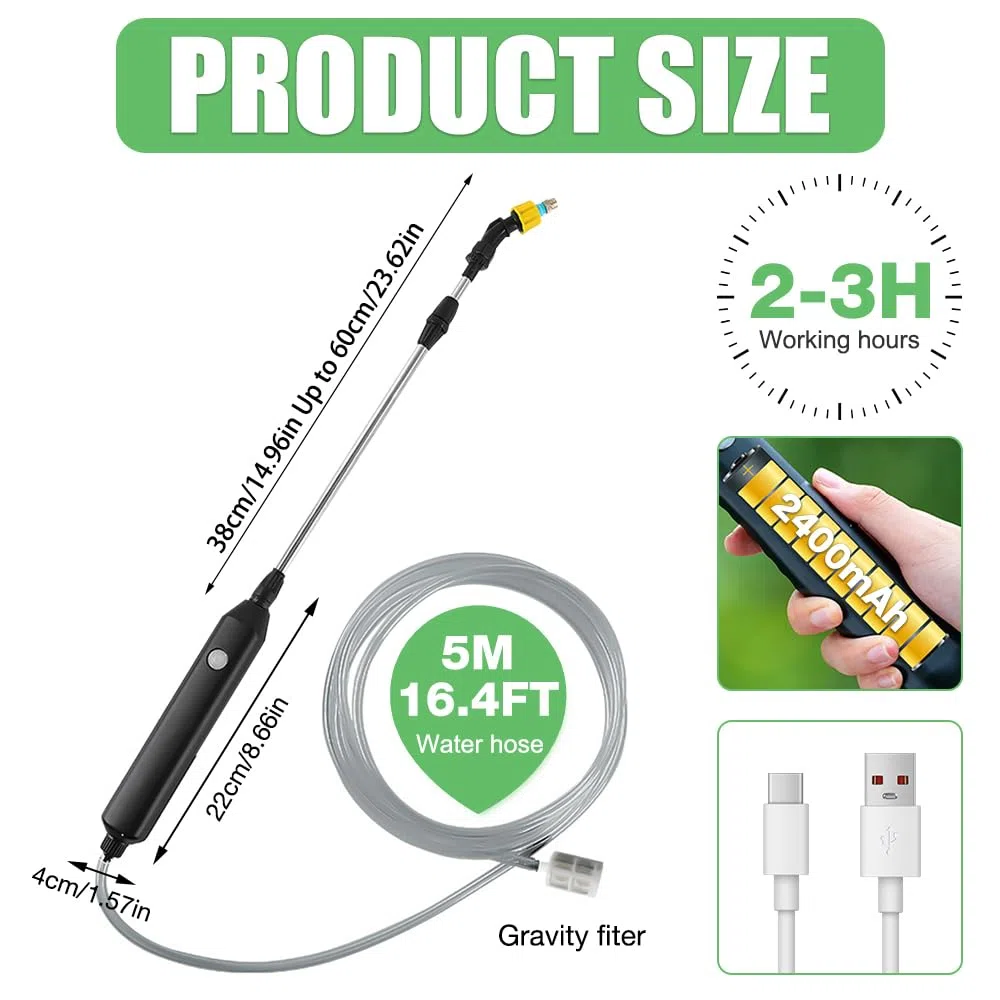 Pompa Irroratrice a Batteria, Afenau 2400mAh Nebulizzatore a Batteria con 3 ugelli Regolabili e Tubo Flessibile da 5 M, Irroratore a Batteria, Spruzzatore Elettrico da Giardino per Pulizia del Cortile