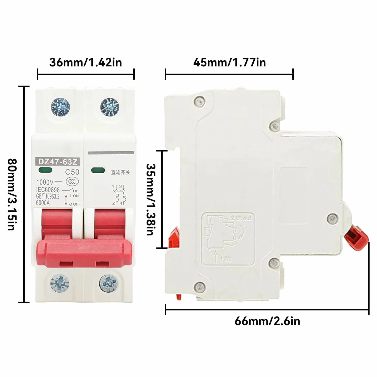 2 pezzi Interruttore Magnetotermico,1000V DC 50A 2P,Interruttore Automatico Miniaturizzato,DIN Rail Overload Protection Air Switch Circuit Breaker per l'illuminazione Residenziale Distribuzione