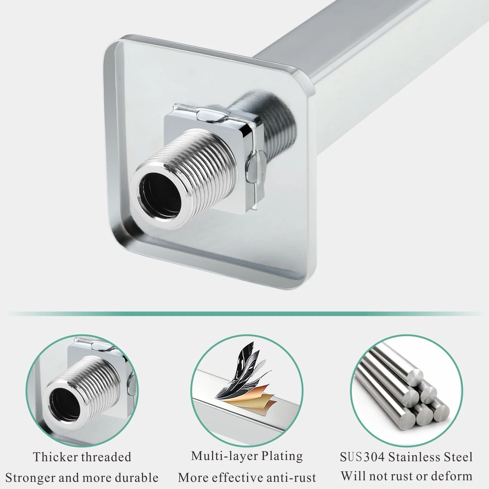 Voolan Braccio doccia con flangia, tubo doccia fisso montato a soffitto, braccio di ricambio dritto per doccia a pioggia in bagno, attacco universale 1/2 NPT (30 cm, quadrato)