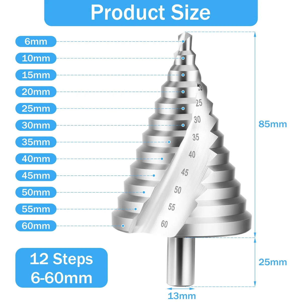 JIZZU Fresa Conica Ø 6-60mm, Acciaio Rapido (HSS), Punta a Gradini 60mm 12 Livelli, Rivestito in Titanio, Punta Conica Trapano, per Legno, Plastica, Lamiere Metalliche (3mm)