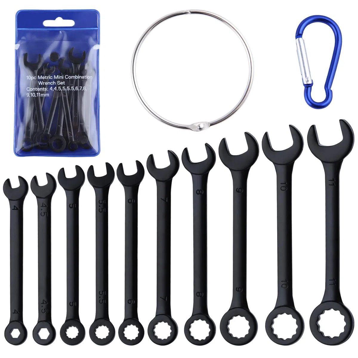 Set di 10 mini chiavi di accensione metriche standard da 4 a 11 mm, con estremità aperta e estremità a scatola, set di chiavi combinate sottili e piccole, con custodia portatile e