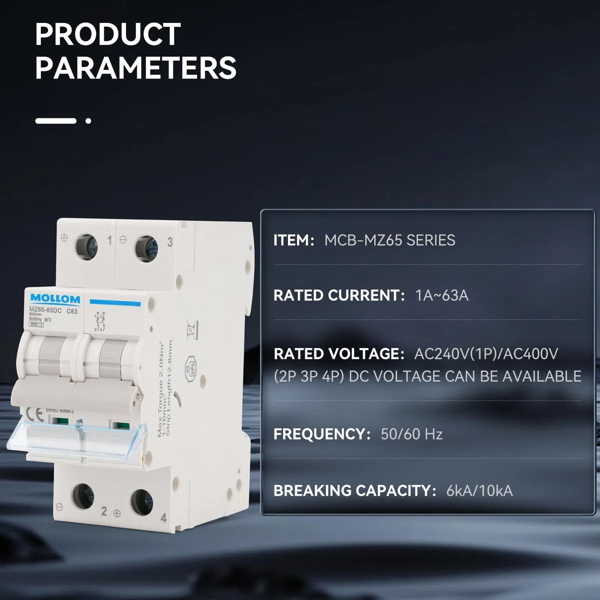 MOLLOM DC 2P Interruttore automatico miniaturo,400V 60A,nterruttore termomagnetico MCB personalizzato con visualizzazione della scena,capacità di interruzione 6KA per sistema PV solare