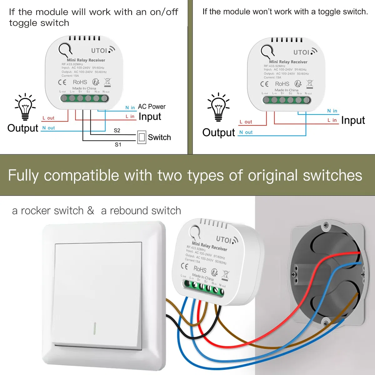 Interruttore Luce Senza Fili 2 Vie 15A 220V con Relè, Kit con 2 Interruttori Wireless Senza Batteria, Mantiene Interruttore Originale, Controllo da Più Punti, Telecomando RF per Lampade LED, Bianco