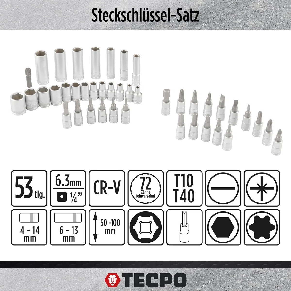 TecPo Set di chiavi a bussola, 53 pezzi, 1/4", chiavi a cricchetto, in acciaio CV