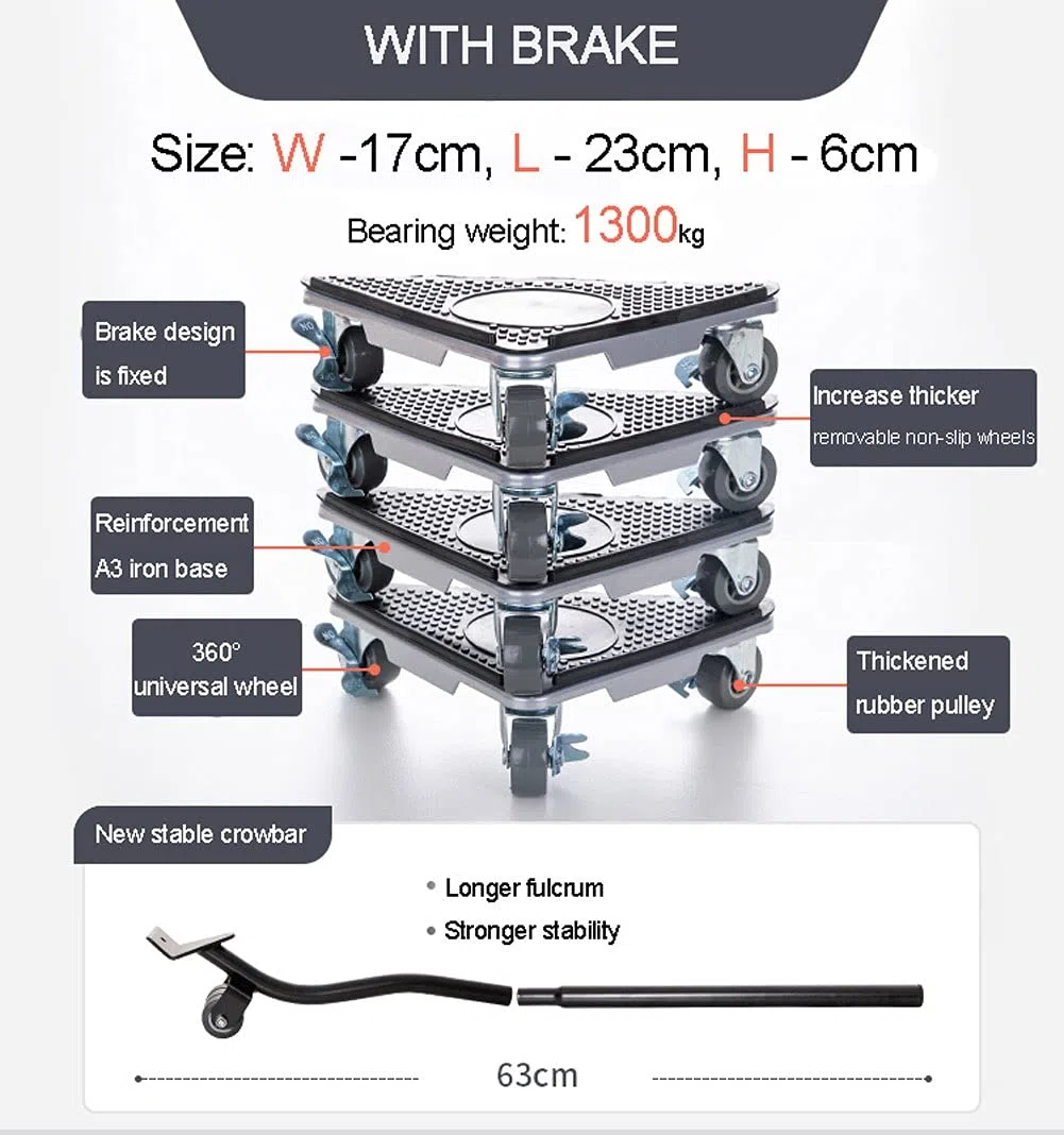 Set Sposta Mobili Pesanti, Kit Sollevatore per Mobili con 4 Dispositivi Scorrimento, Rotelle per Spostare Mobili Pesanti - con Freno, Max Fino a 1300kg