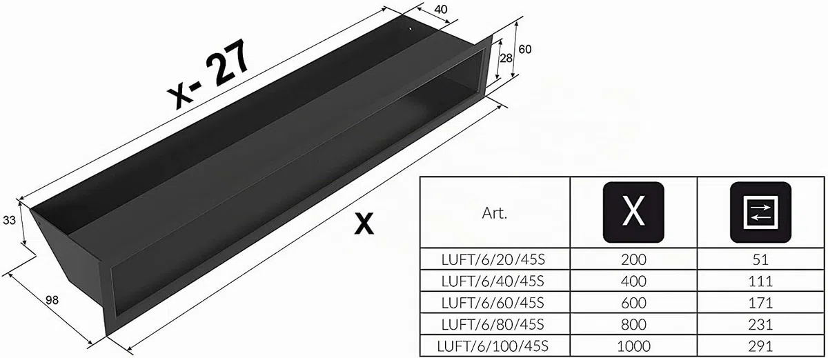 KRATKI griglia di ventilazione AIR | Griglia aria calda 6 x 40 cm | Nero | Griglia di scarico per ventilazione camino | Presa d'aria con un angolo di 45 gradi | resistente al surriscaldamento
