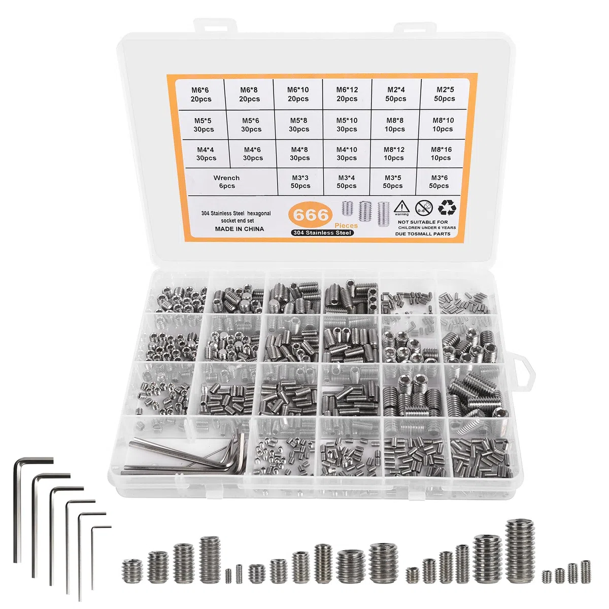 Set di 666 viti M2, M3, M4, M5, M6, M8, testa esagonale, viti per vermi, in acciaio inox, set con chiave a brugola