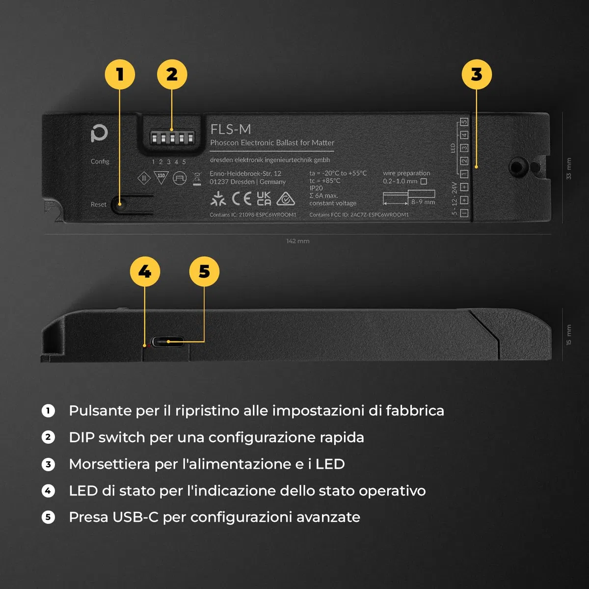 FLS-M - Controller Matter Zigbee per Strisce LED a 5 Canali e Indirizzabili Individualmente, RGBW, RGB+CCT, Monocolore, WS2812B