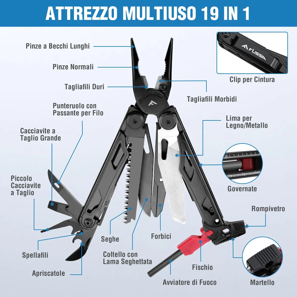 FLISSA Pinza Multiuso 19 In 1, Strumento Multiuso,Ottimo Regalo, Accessori Per Campeggio, Riparazione, Escursionismo,Include Borsa Portatile, Nero