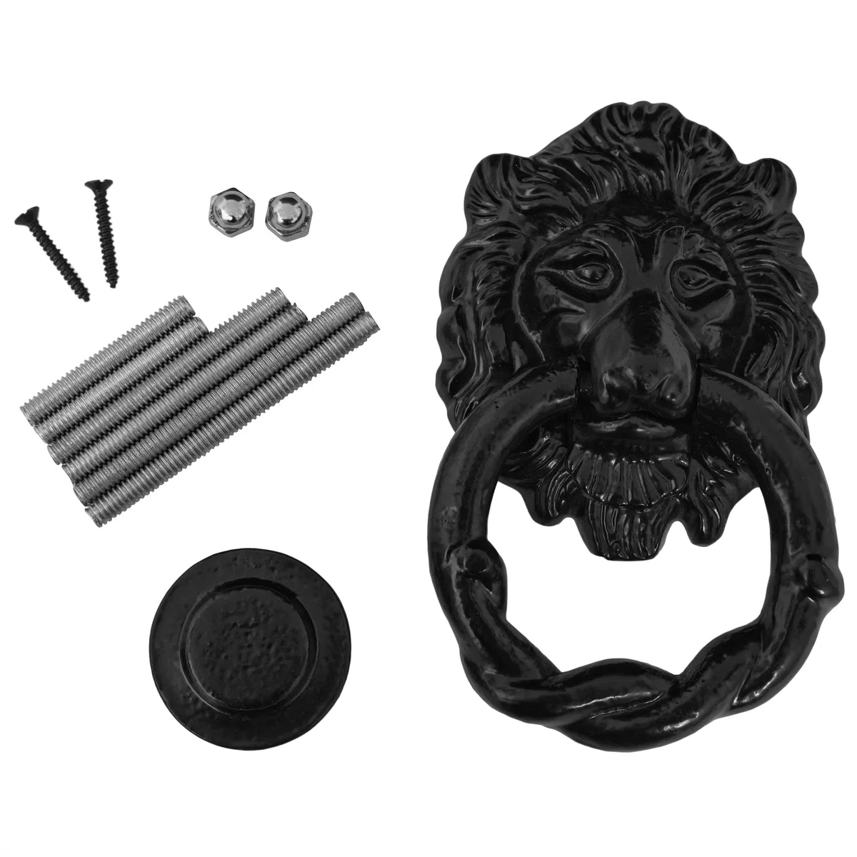 Mythrojan Battente per porta con testa di leone, in ghisa, con viti, anello per porta d'ingresso, vittoriano, realizzato a mano, medievale, nero antico, nero