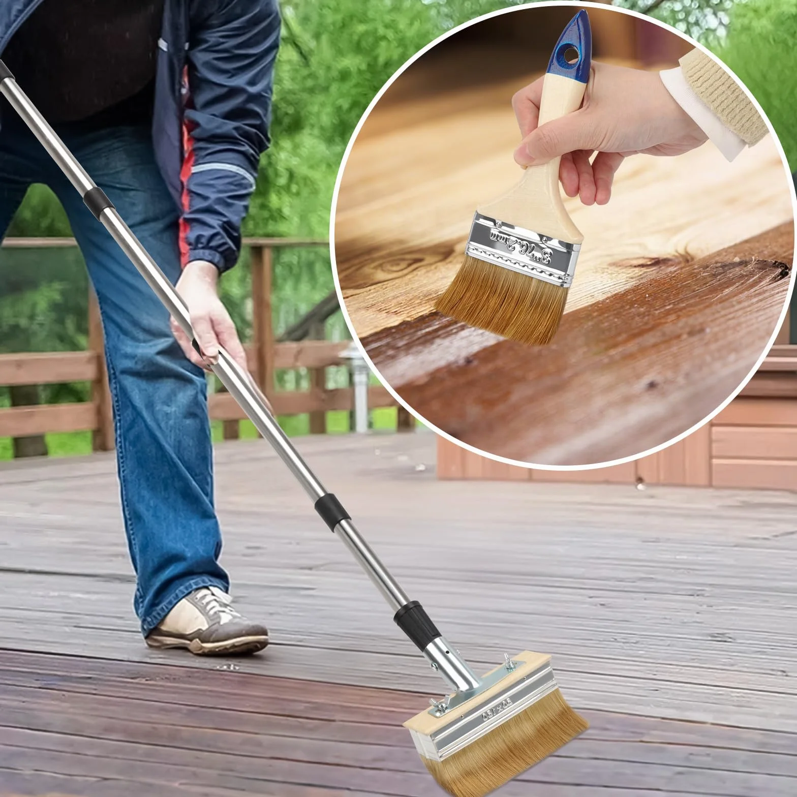 Spazzola per pittura da terrazza con manico telescopico – Pennello per vernice da 150 mm e spazzola da 3 pollici – con manico di prolunga da 152 cm – spazzola per pittura per terrazze in legno