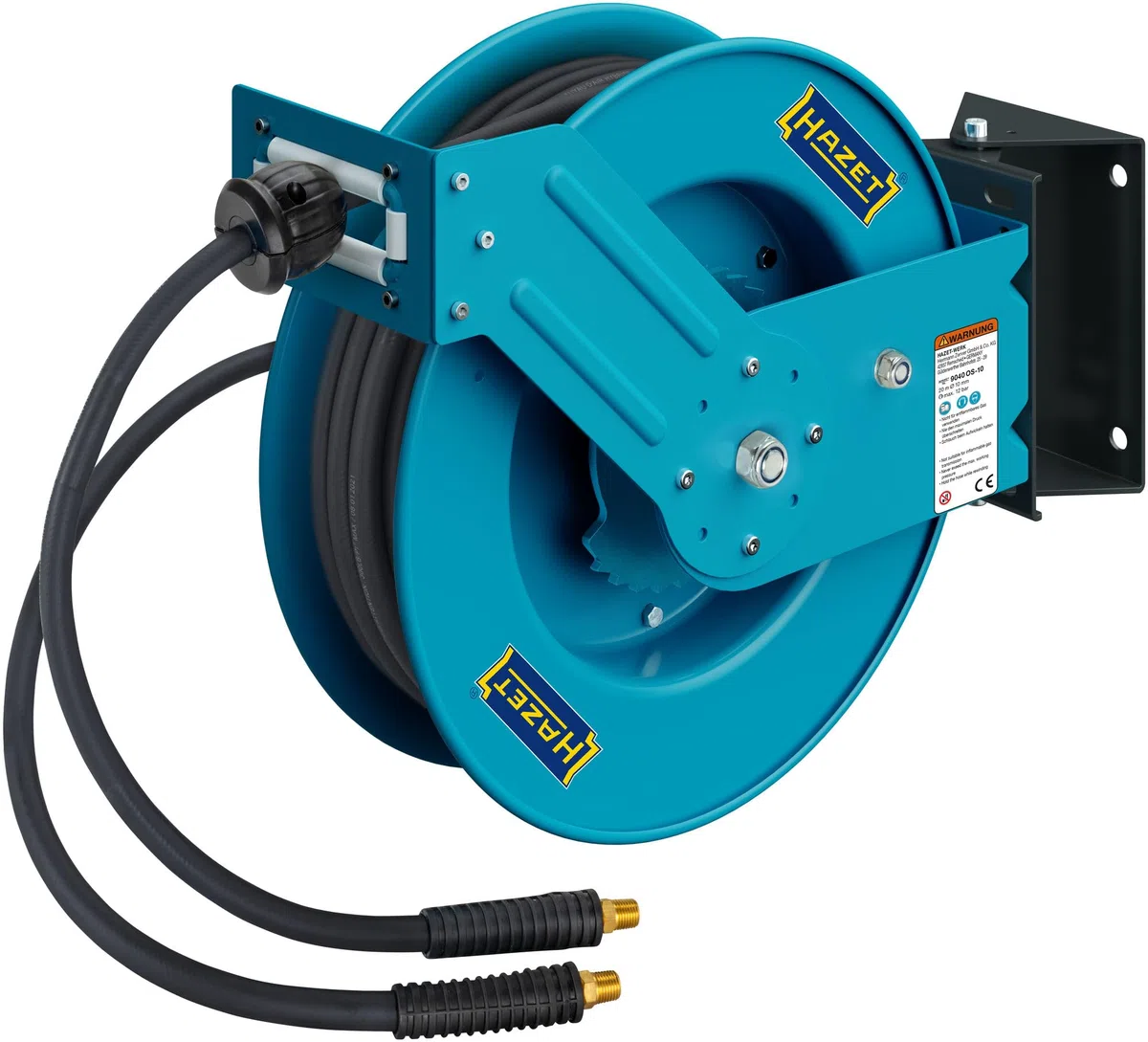 HAZET 9040OS-10 Avvolgitubo aperto,20 Metri,10 mm, Max. 20 bar,Struttura in acciaio,Riavvolgimento automatico,Base girevole,Incl. opzioni di montaggio, lunghezza di collegamento 2 Metri