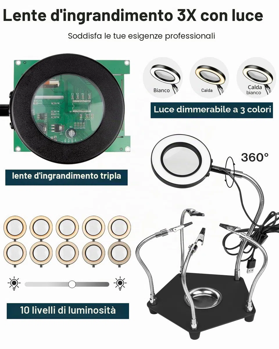Lytool Terza Mano Saldatura,Stazione Saldatura per Mani d'Aiuto,con Lente d'Ingrandimento 3X LED Dimmerabile,Saldatura Flessibile per Mani d'Aiuto con 4 Bracci di Supporto per Riparazioni di Saldatura