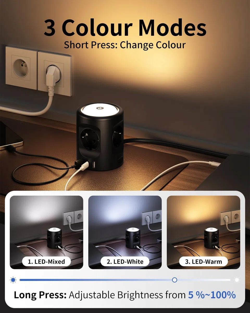 Ciabatta Multipresa con Luce, Ciabatta a 4 Scomparti con 3 USB, Multipresa Elettrica con Interruttore, Presa Multipla a Cubo 3 Modalità di Illuminazione 16A, 2 M, per Casa, Ufficio F(Schuko)