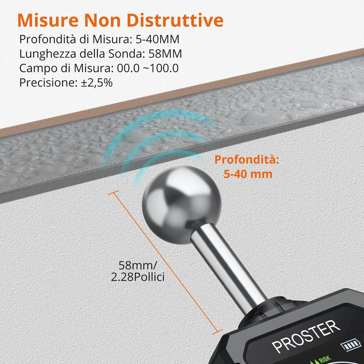 Proster Misuratore di Umidità Ricaricabile Rivelatore di Umidità Igrometro Senza Ago per Pareti con Schermo LCD a Colori Allarme Indicatore di Umidità 5-40 mm per Legno Edilizia Calcestruzzo